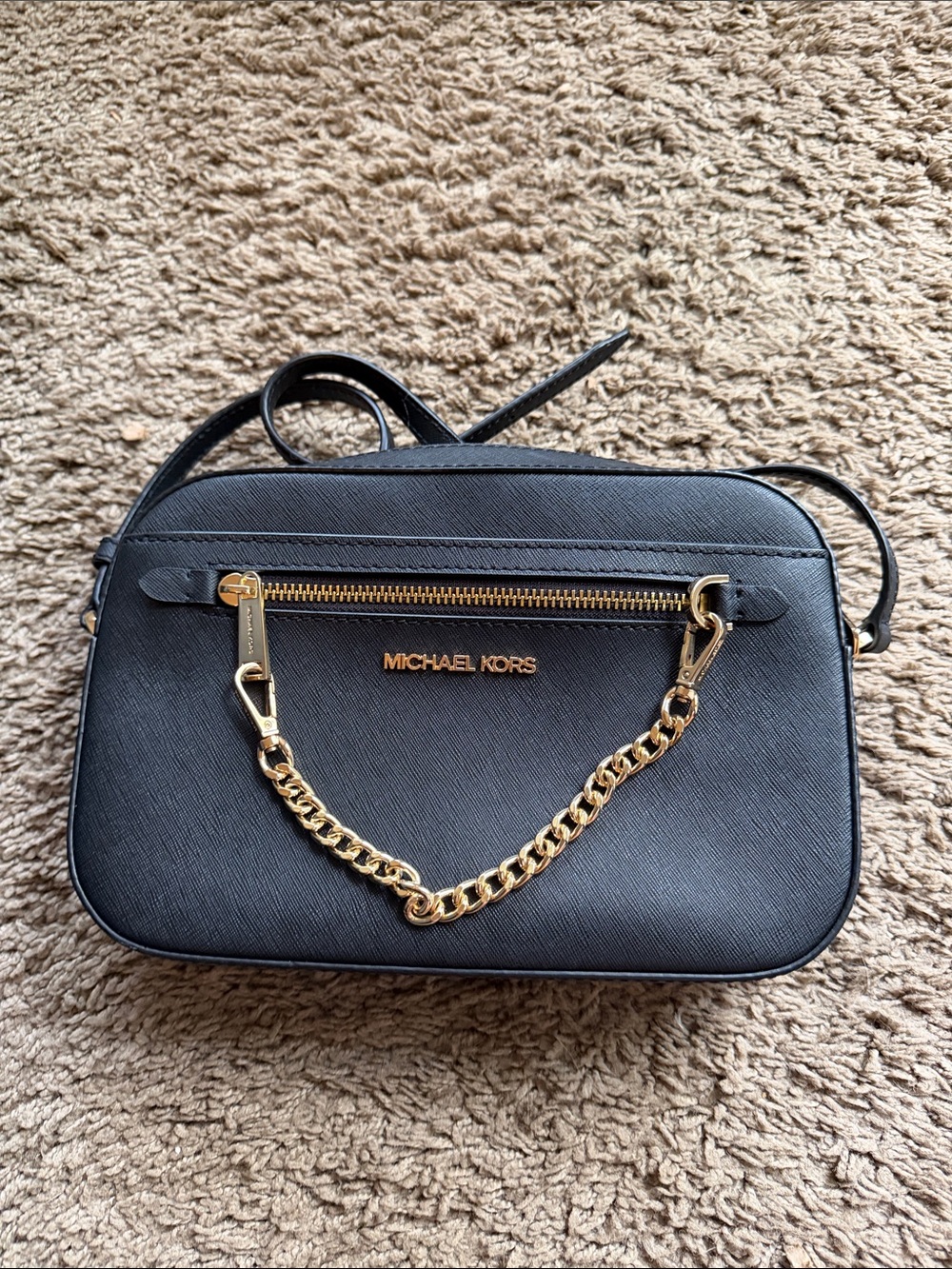 Michael Kors Black Saffiano Crossbody with Gold Chain Accent